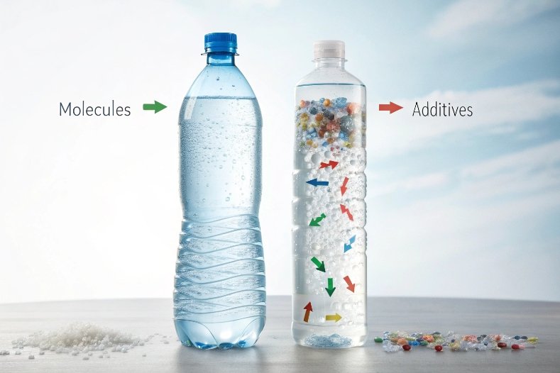 Plastic water bottles illustration showing migrating molecules and additives into beverage
