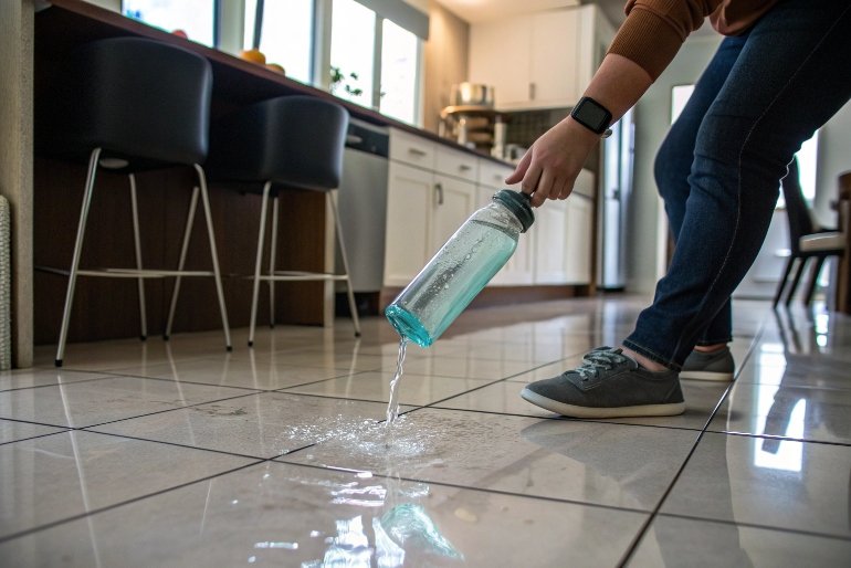 Person dropping reusable bottle and spilling water on kitchen floor tiles