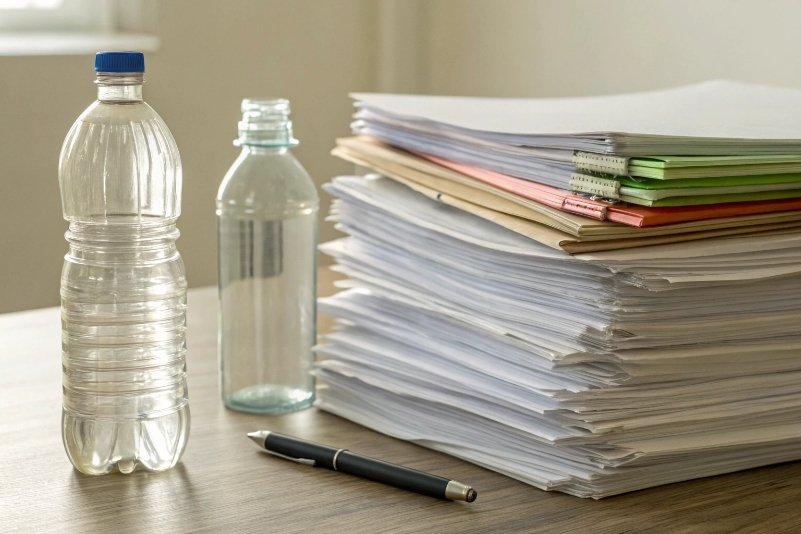 Plastic and glass bottles beside regulatory paperwork stack on office desk