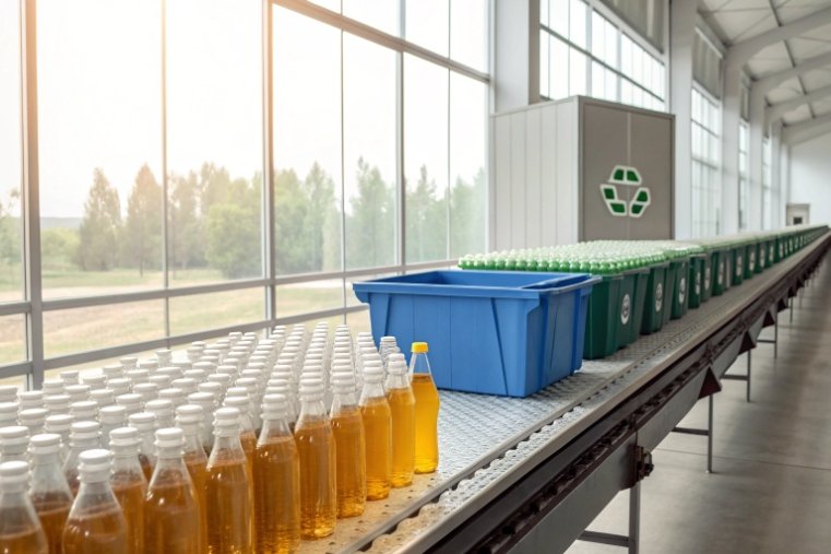 Plastic drink bottles on conveyor with recycling crates in bright bottling factory