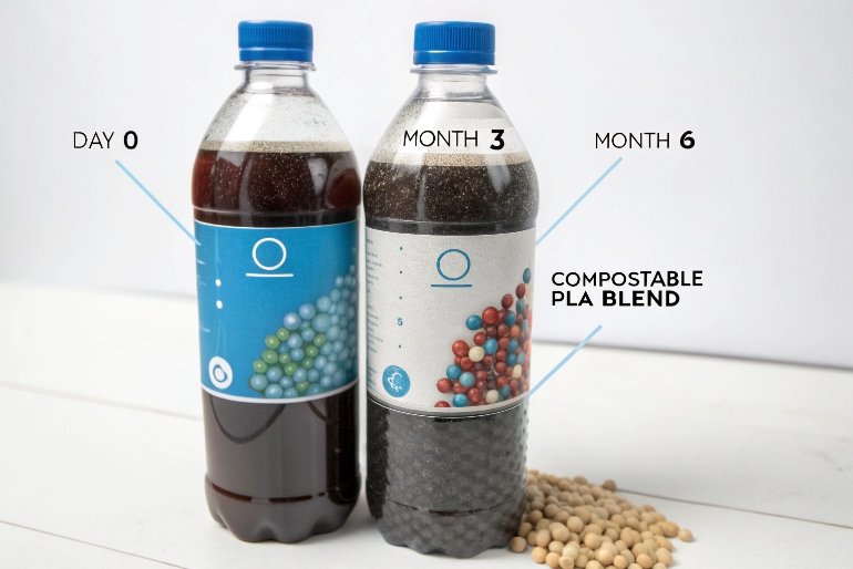 Compostable PLA bottles showing degradation from day zero to month six