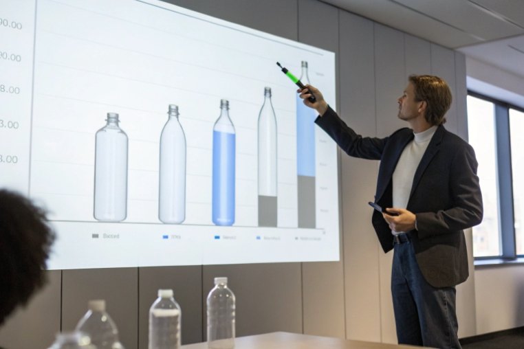 Businessman presenting chart comparing glass and plastic bottle performance to colleagues