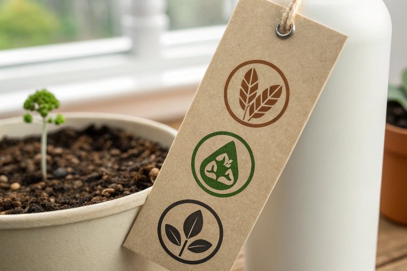 Eco packaging tag with leaf and recycling icons next to plant pot