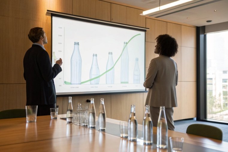 Executives reviewing sales growth chart of glass bottles in modern conference room