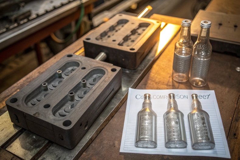 Glass bottle molds and embossed prototypes laid out on factory workbench