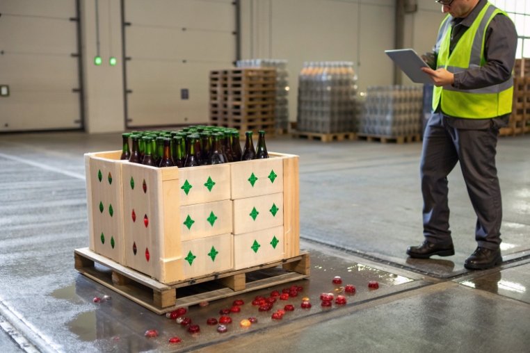 Worker inspecting crate drop test with broken glass bottles in warehouse