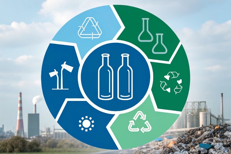 Circular infographic showing glass bottle lifecycle and recycling benefits over industry landscape