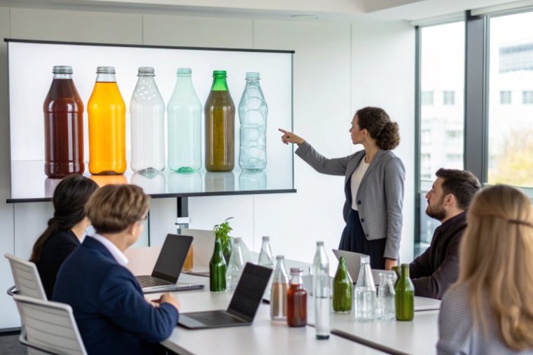 Team reviewing beverage bottle shapes in conference presentation with samples on table