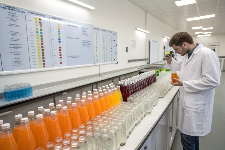 Lab technician analyzing colorful bottled drinks lined up for quality testing