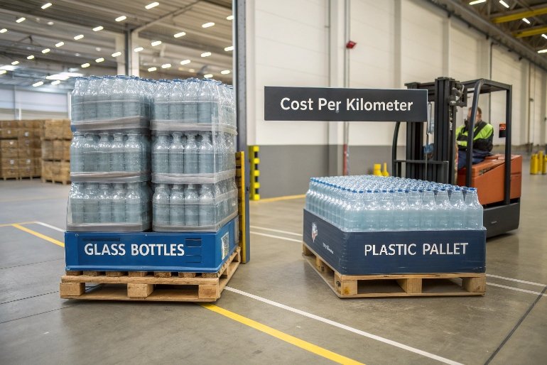 Pallets of bottled water comparing glass versus plastic transport cost in warehouse