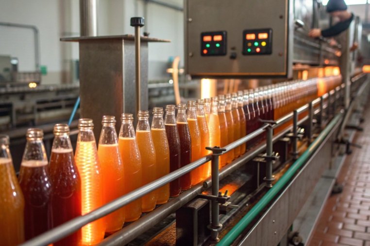 Assorted fruit juice glass bottles moving along automated filling line