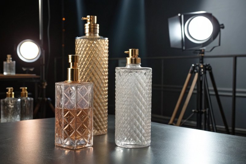 Elegant embossed glass dispenser bottles showcased under studio lighting