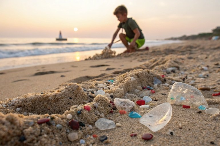 Child playing on beach surrounded by colorful microplastic fragments in sand at sunset