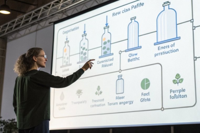 Speaker explaining closed-loop glass bottle production and recycling process diagram on screen