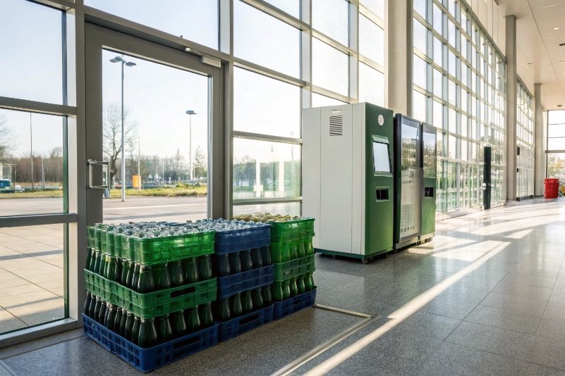 Crates of refillable glass bottles stacked beside reverse vending recycling machines in lobby