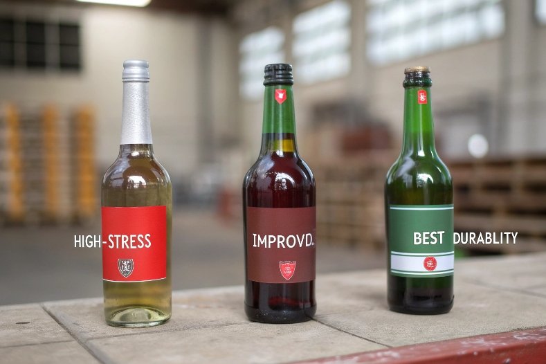 three glass bottles labeled high stress improved and best durability in warehouse