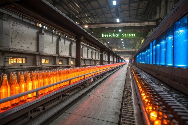 glowing hot glass bottles moving through annealing lehr reducing residual stress