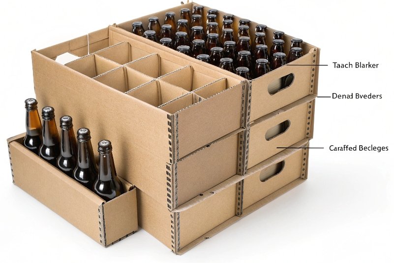 stacked cardboard crates with glass beer bottles and protective dividers