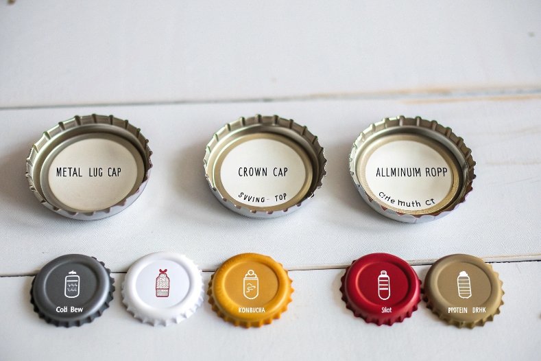 various metal bottle caps for kombucha soda protein drinks display