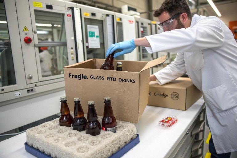 lab technician packing glass rtd drink bottles into protective shipping carton