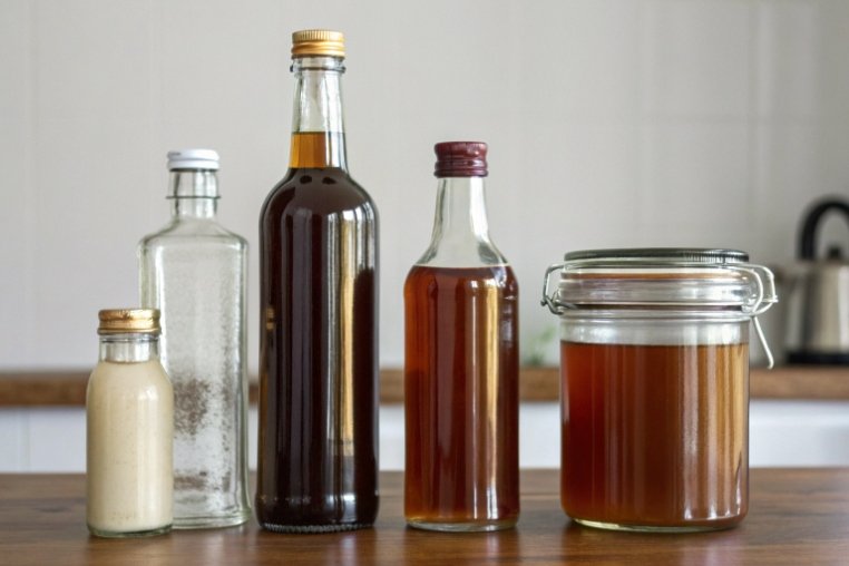 different glass bottles and jar filled with sauces vinegars and kombucha
