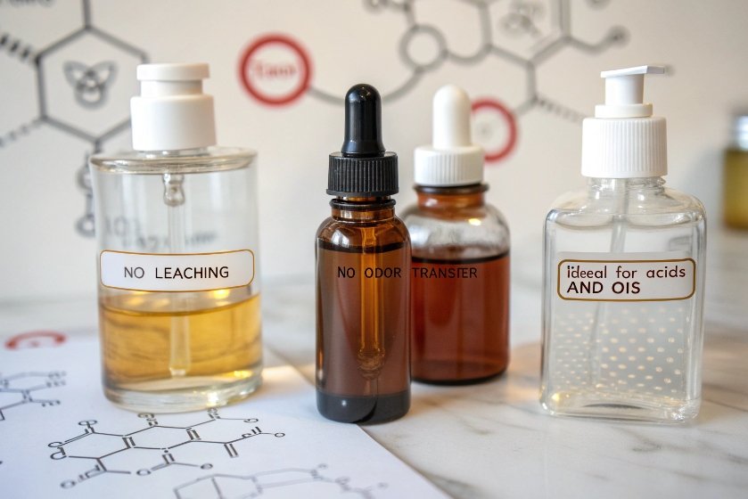 Amber dropper bottle and pump glass containers labeled no leaching and no odor transfer