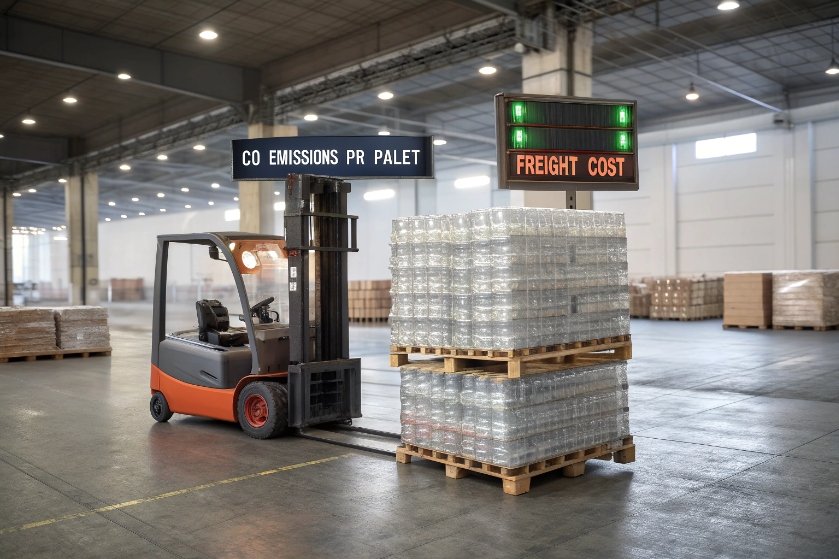 Forklift moving pallets of empty glass bottles in warehouse tracking CO2 emissions and freight cost