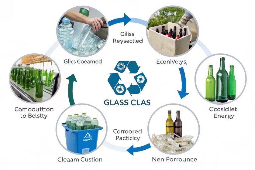 Glass bottle recycling lifecycle diagram showing collection washing crushing and remelting into new bottles