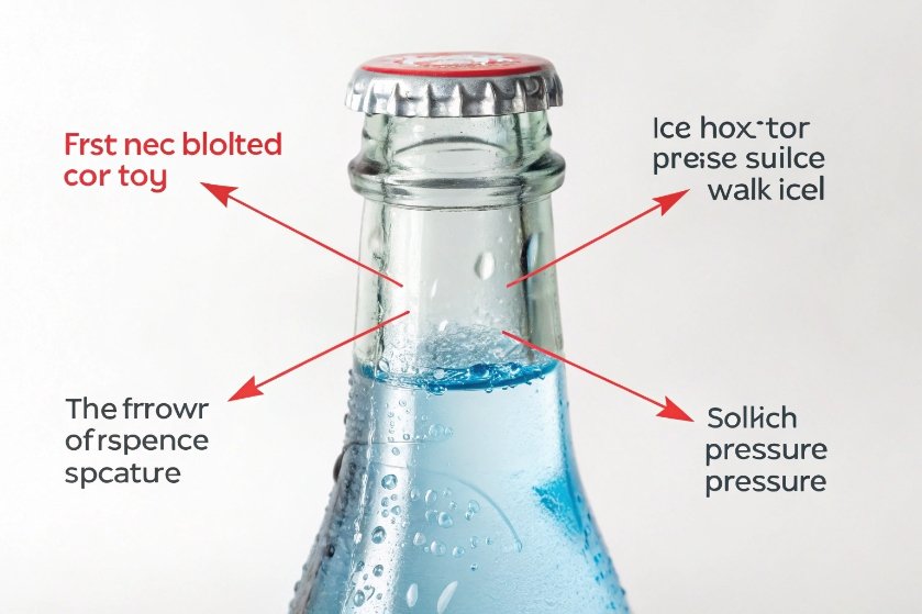 Closeup glass soda bottle neck showing pressure points and stress cracks diagram