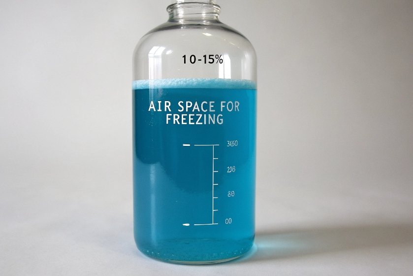 Glass lab bottle with blue liquid showing air space for safe freezing