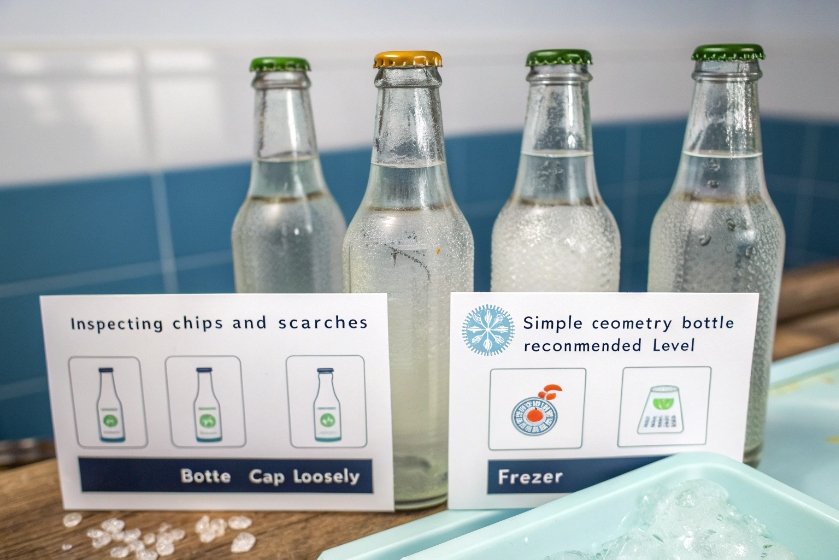 Frosted glass bottles with instruction cards explaining freezer safety checks