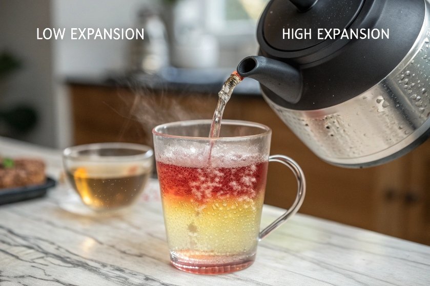 Hot kettle pouring into glass mug showing low and high thermal expansion