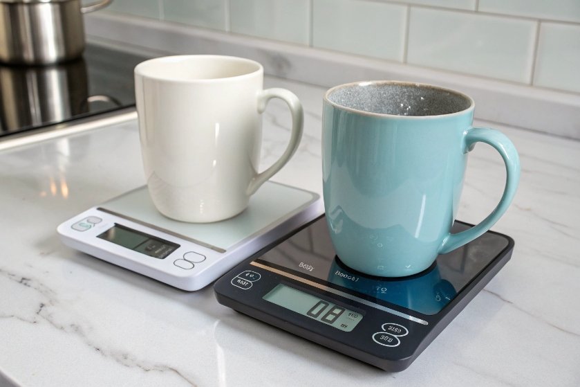 Two ceramic mugs weighed on digital kitchen scales for weight comparison