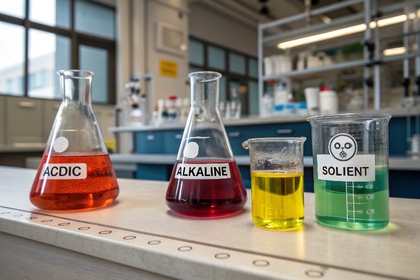Laboratory glass beakers labeled acidic alkaline and solvent with colorful test liquids