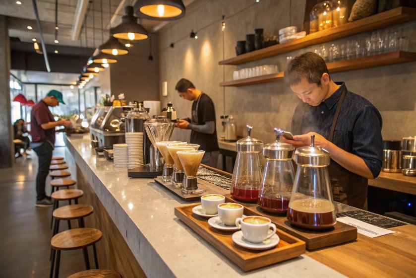 Specialty coffee shop bar with glass brewers and cups arranged on counter
