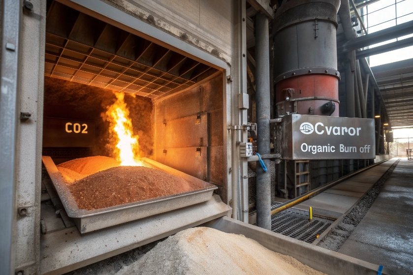 Open industrial furnace burning sand batch for glass production with visible CO2 chamber
