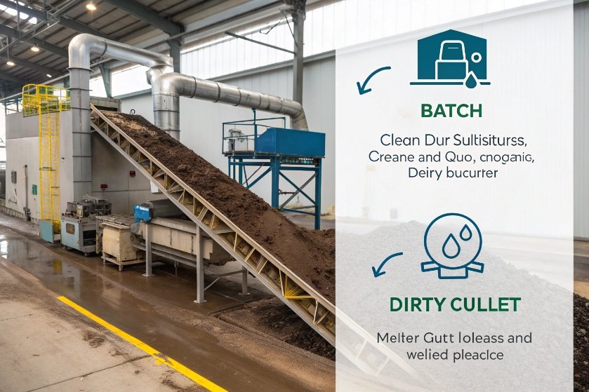 Glass cullet cleaning conveyor system separating dirty cullet from clean furnace batch