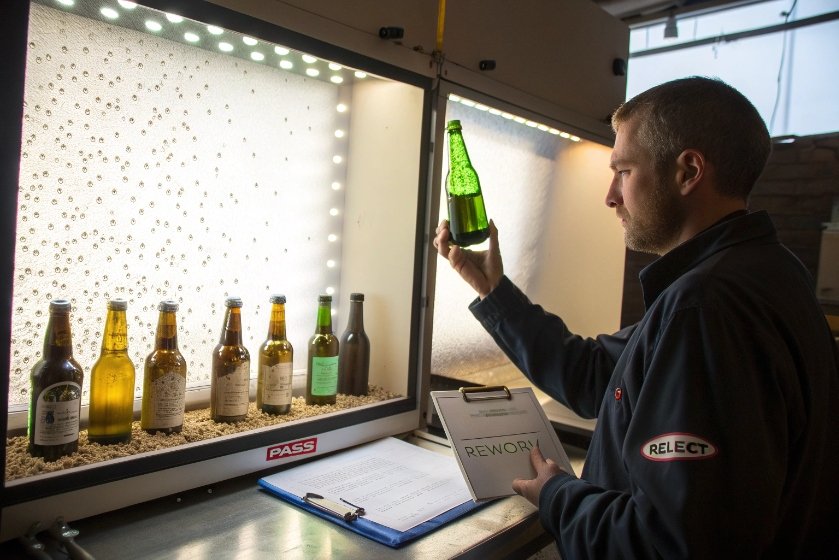 Technician inspecting beer bottles under backlit panel for glass quality defects rework decision