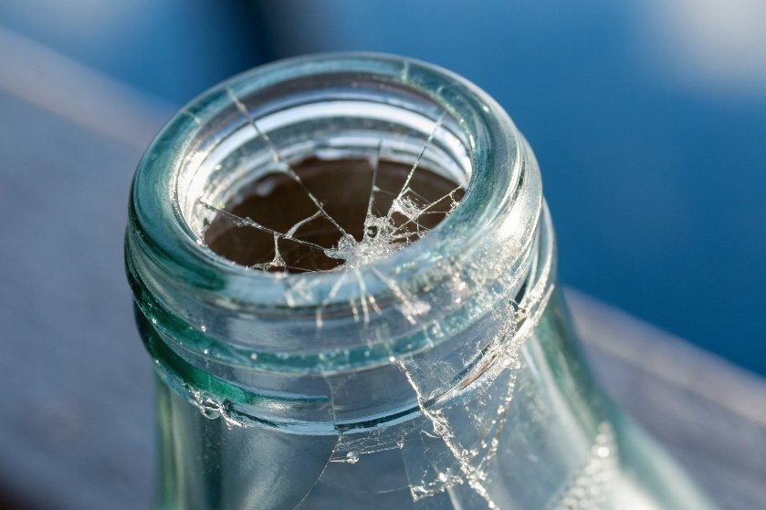 Closeup of cracked glass bottle finish showing star-shaped impact fracture