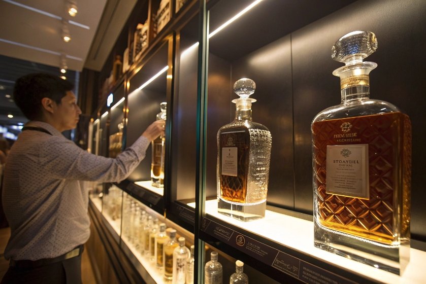 Man viewing premium whiskey in decorative glass decanter bottles on illuminated shelf
