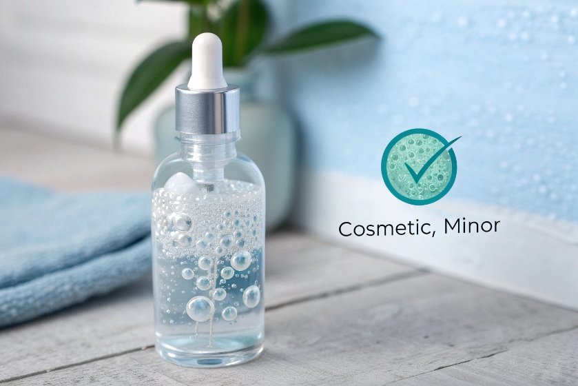 Clear cosmetic glass dropper bottle with serum bubbles labeled cosmetic minor