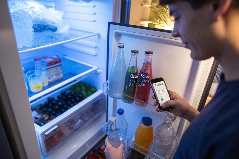 Young man choosing colorful glass beverage bottle from fridge while checking smartphone app