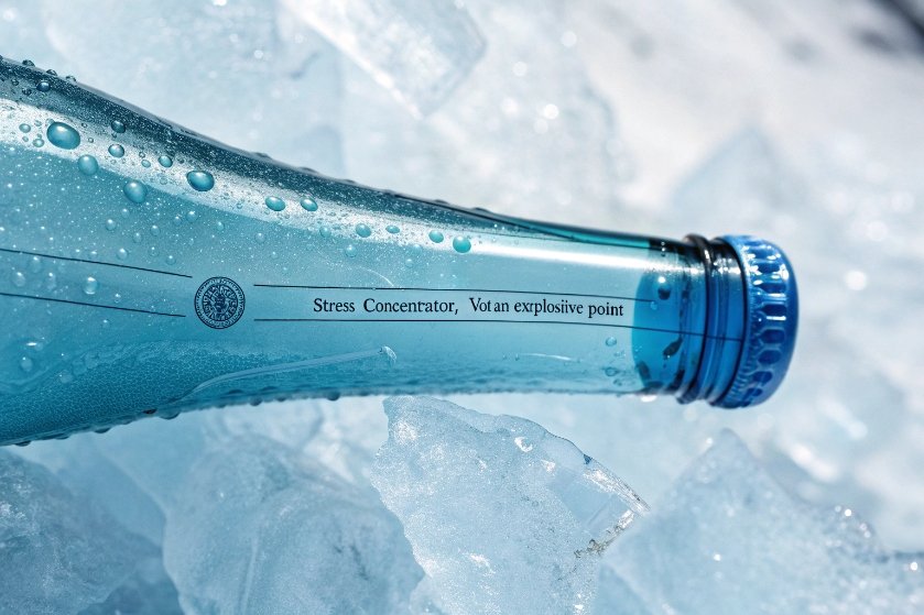 Blue glass bottle on ice showing stress concentrator safety mark on wall