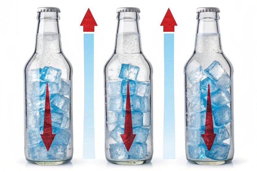 Three glass bottles filled with ice cubes showing cooling direction arrows for safe chilling