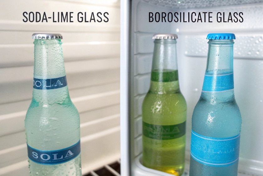 Soda lime and borosilicate glass beverage bottles compared side by side in refrigerators