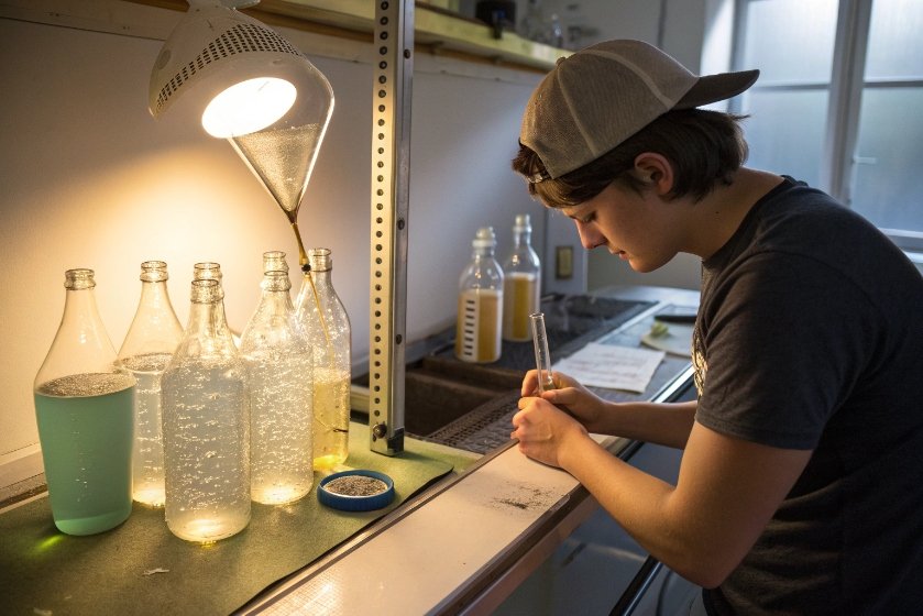 Technician testing carbonated drinks in glass bottles under inspection lamp in small lab