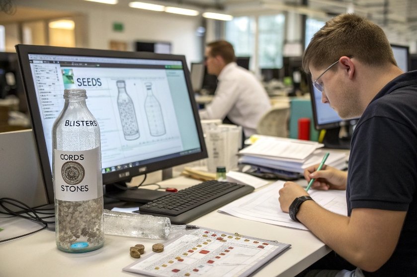 Glass packaging engineer designing bottle while impurity samples in jar labeled blisters cords stones