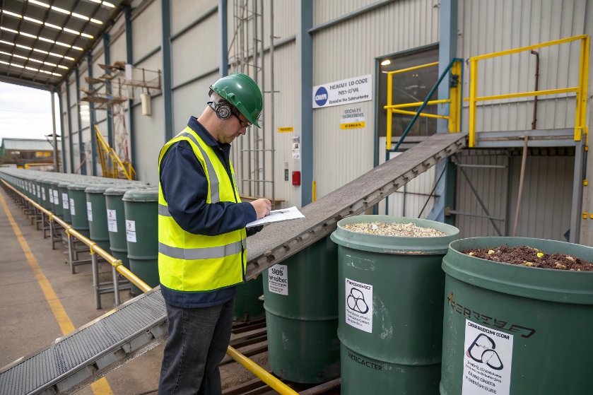 Quality inspector checking cullet bins along conveyor in glass recycling plant