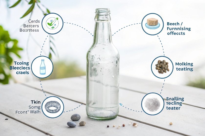 Clear glass bottle on table with surrounding icons of ingredients and tests