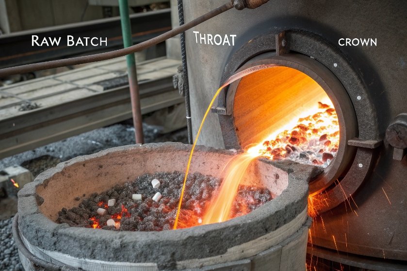 Molten glass flowing from furnace throat onto raw batch bed